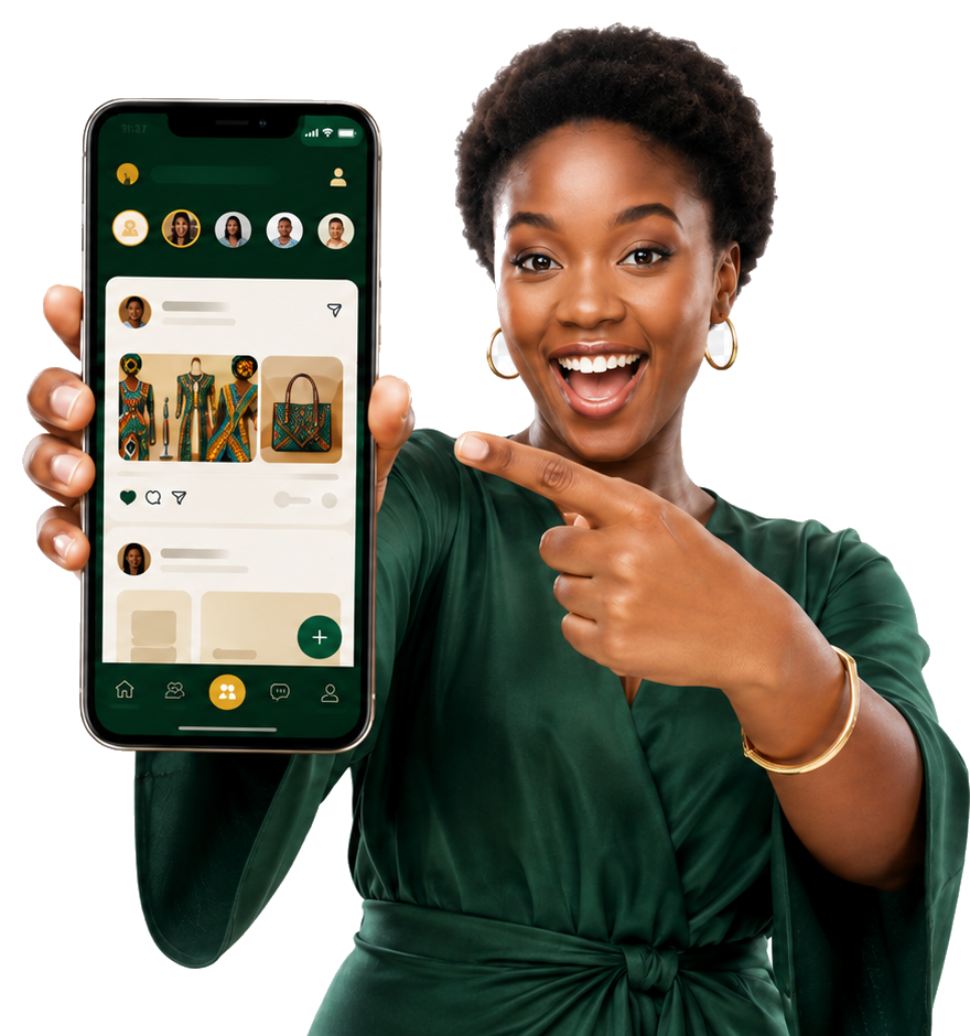 Woman holding AfriVibe app on smartphone